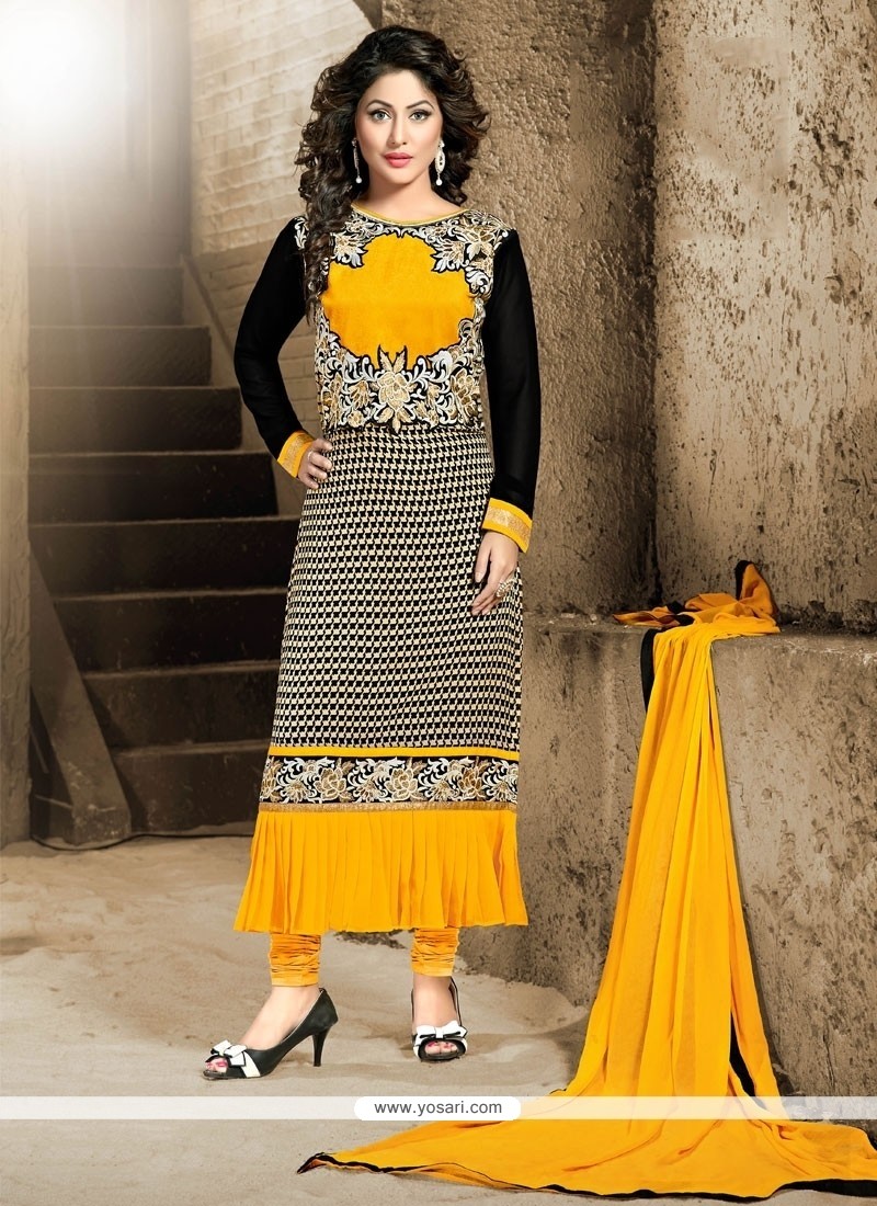 Staggering Lace Work Georgette Black Designer Straight Salwar Suit