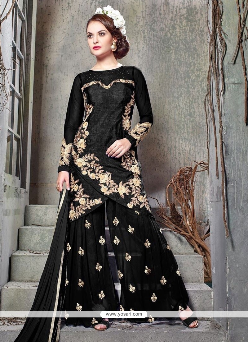 Lovable Banglori Silk Black Resham Work Designer Palazzo Suit