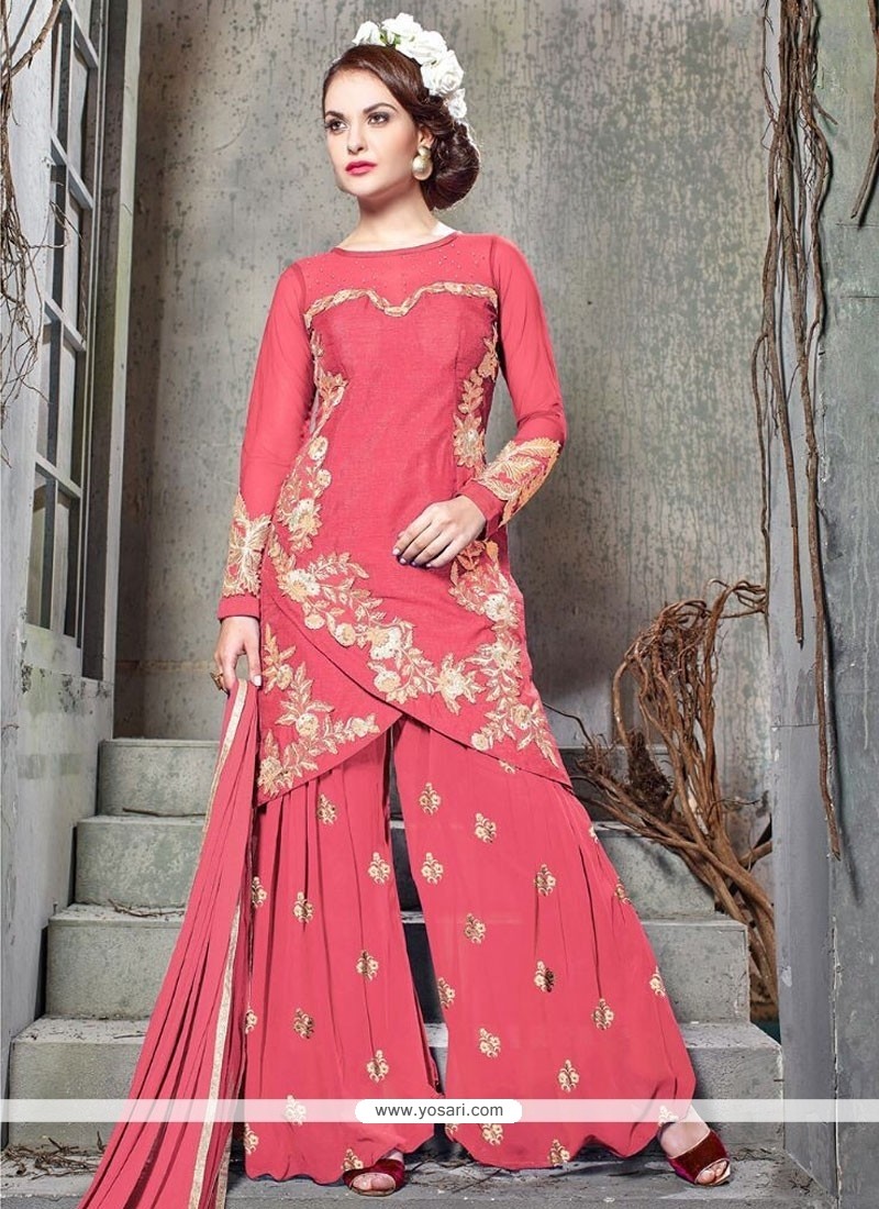 Irresistible Zari Work Hot Pink Banglori Silk Designer Palazzo Suit