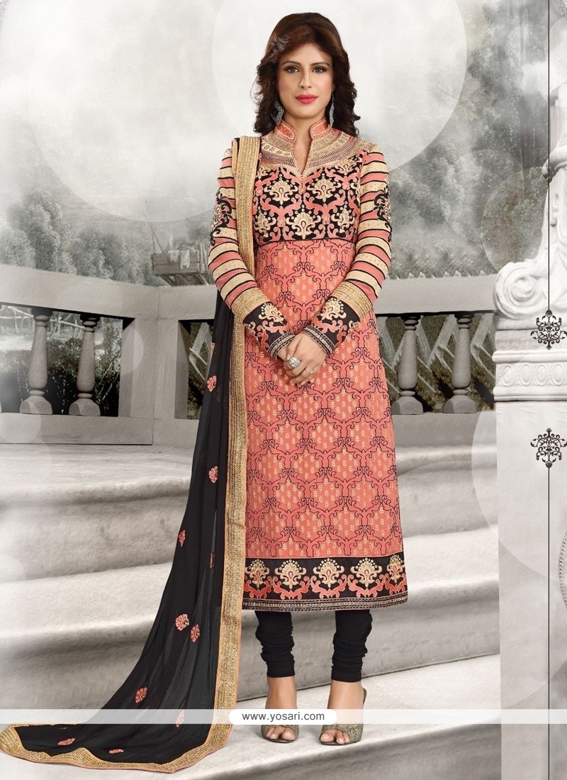Fantastic Embroidered Work Georgette Peach Designer Straight Salwar Suit