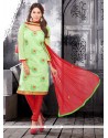 Adorable Embroidered Work Green Chanderi Cotton Churidar Designer Suit