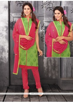 Sumptuous Lace Work Green Chanderi Cotton Churidar Designer Suit