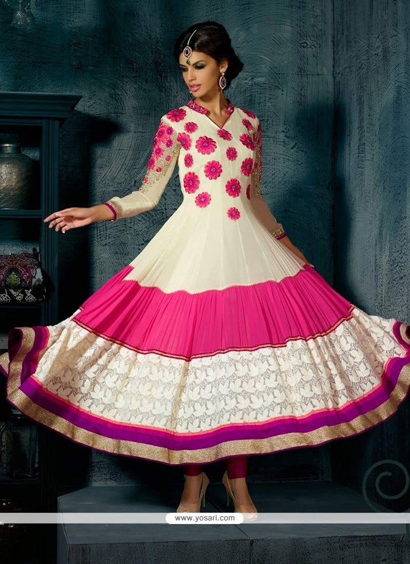Off White And Pink Georgette Anarkali Suit