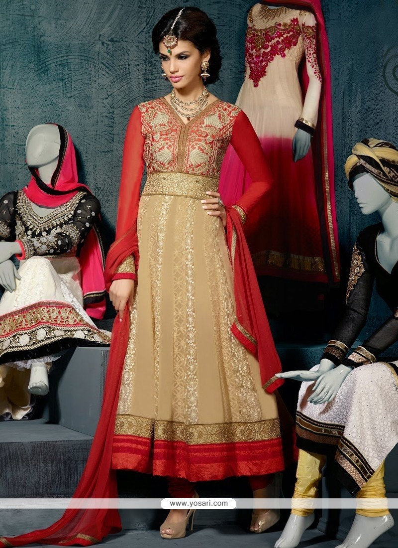 Competent Cream And Red Georgette Anarkali Suit