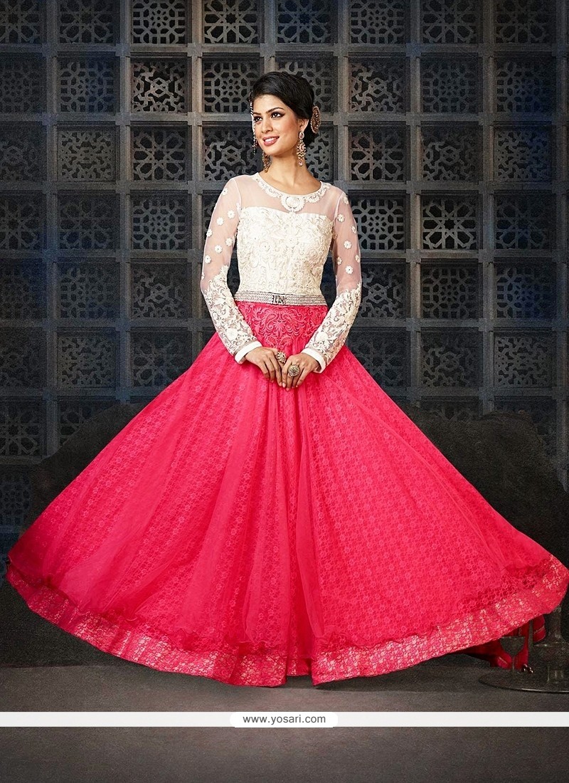 Off White And Pink Net Anarkali Suit
