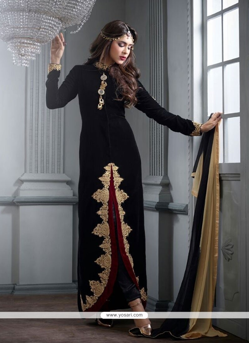 Beauteous Resham Work Black Velvet Designer Salwar Suit