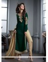 Desirable Embroidered Work Green Velvet Designer Straight Salwar Kameez