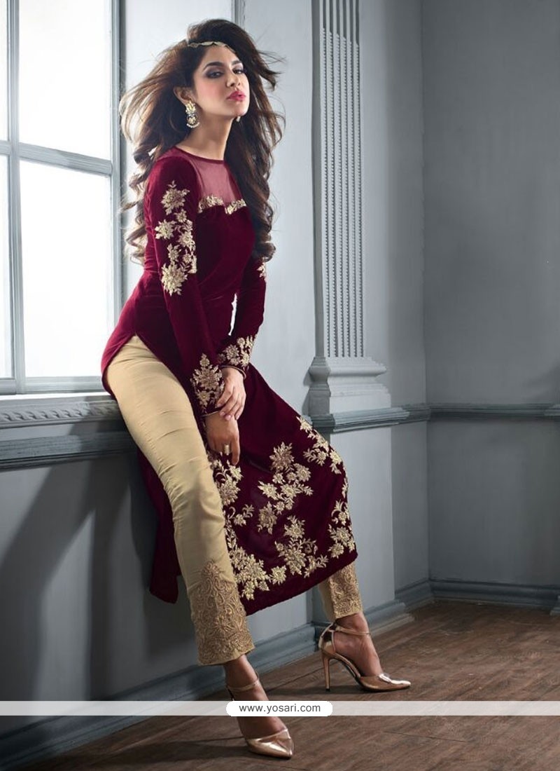 Glorious Lace Work Velvet Maroon Designer Straight Salwar Kameez