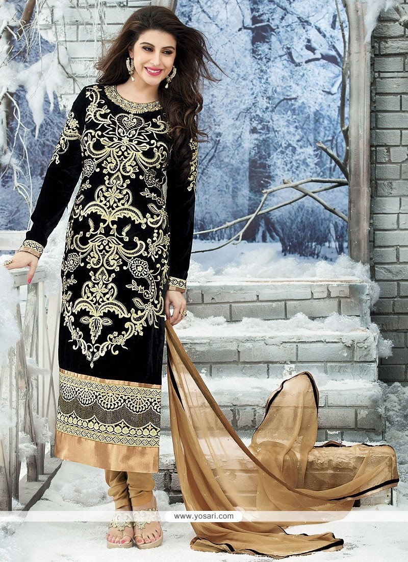 Flawless Black Velvet Churidar Salwar Kameez