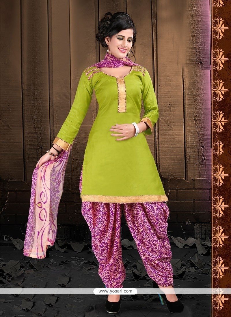 Tiptop Green Lace Work Cotton Designer Patiala Suit