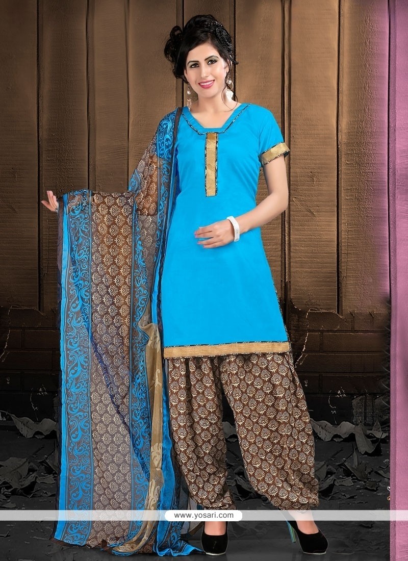 Aesthetic Turquoise Lace Work Cotton Designer Patiala Suit