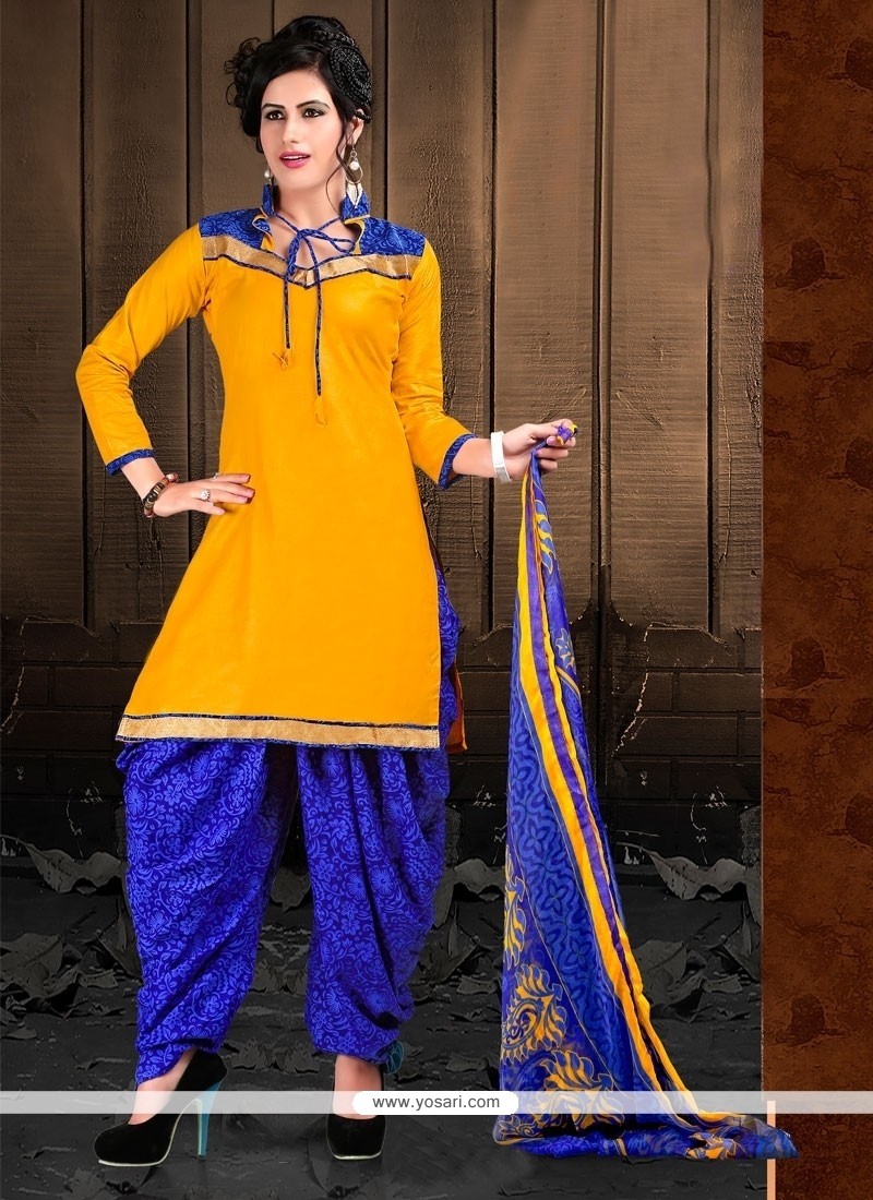 Masterly Cotton Yellow Lace Work Designer Patiala Suit
