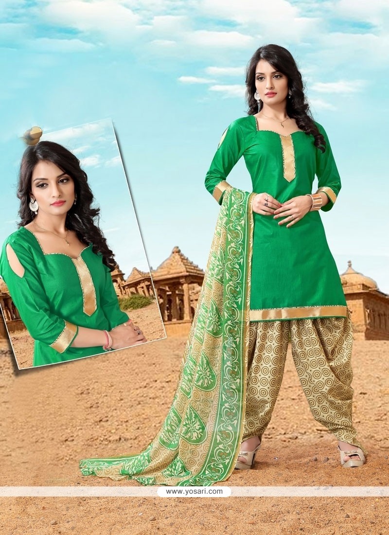 Outstanding Cotton Green Designer Patiala Suit