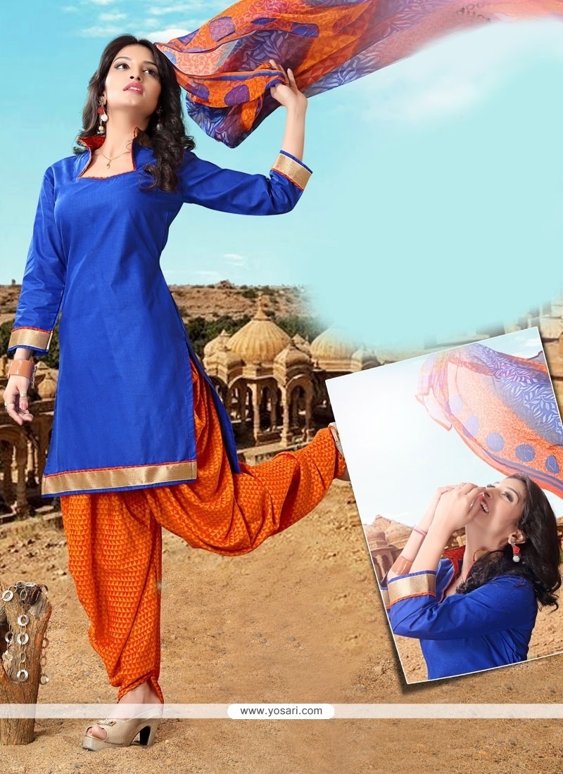 Staggering Lace Work Blue Cotton Designer Patiala Salwar Kameez