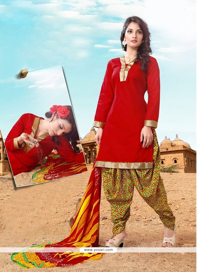 Appealing Cotton Red Lace Work Designer Patila Salwar Suit