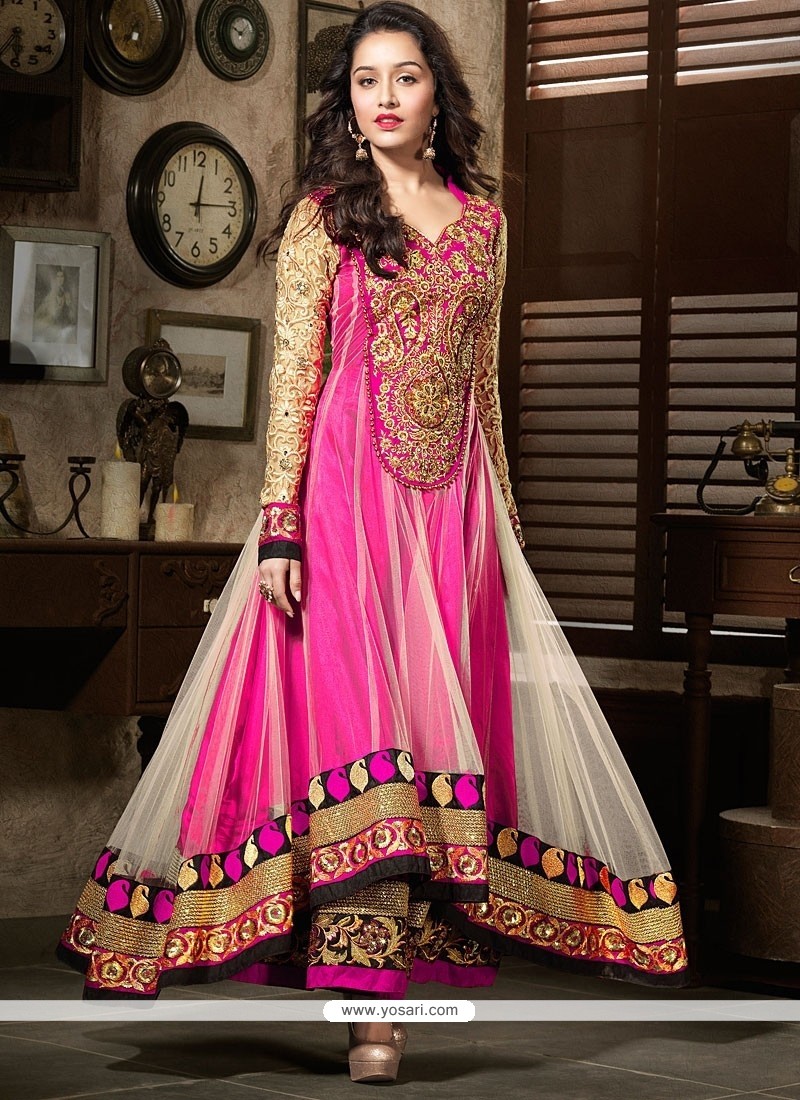 Shraddha Kapoor Pink And White Net Anarkali Suit