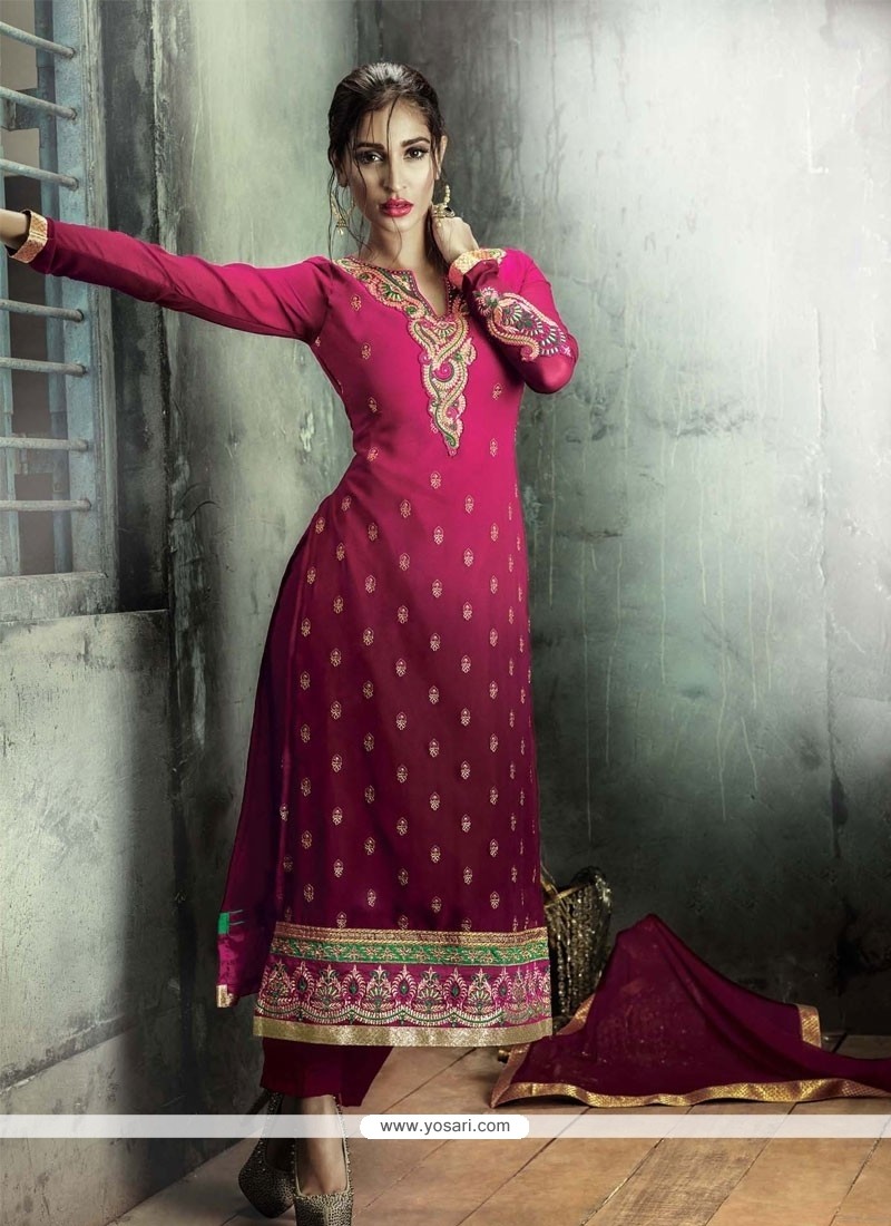 Classy Georgette Hot Pink Zari Work Designer Straight Salwar Kameez