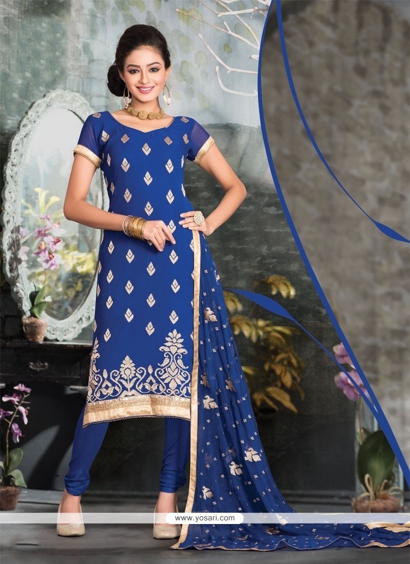 Regal Blue Resham Work Churidar Salwar Suit