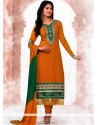 Decent Yellow Embroidery Work Churidar Suit
