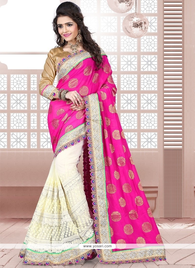 Sophisticated Hot Pink And White Patch Border Work Half N Half Saree