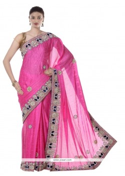 Intriguing Hot Pink Resham Work Designer Saree