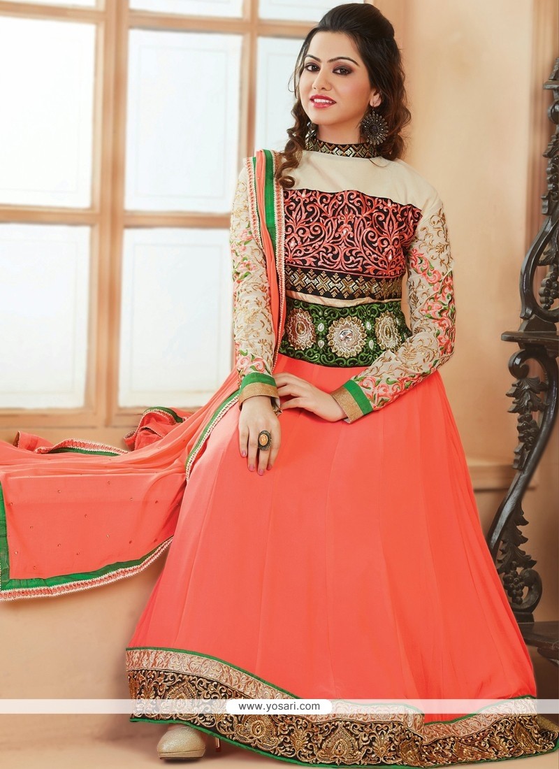 Competent Peach Embroidery Anarkali Salwar Suit