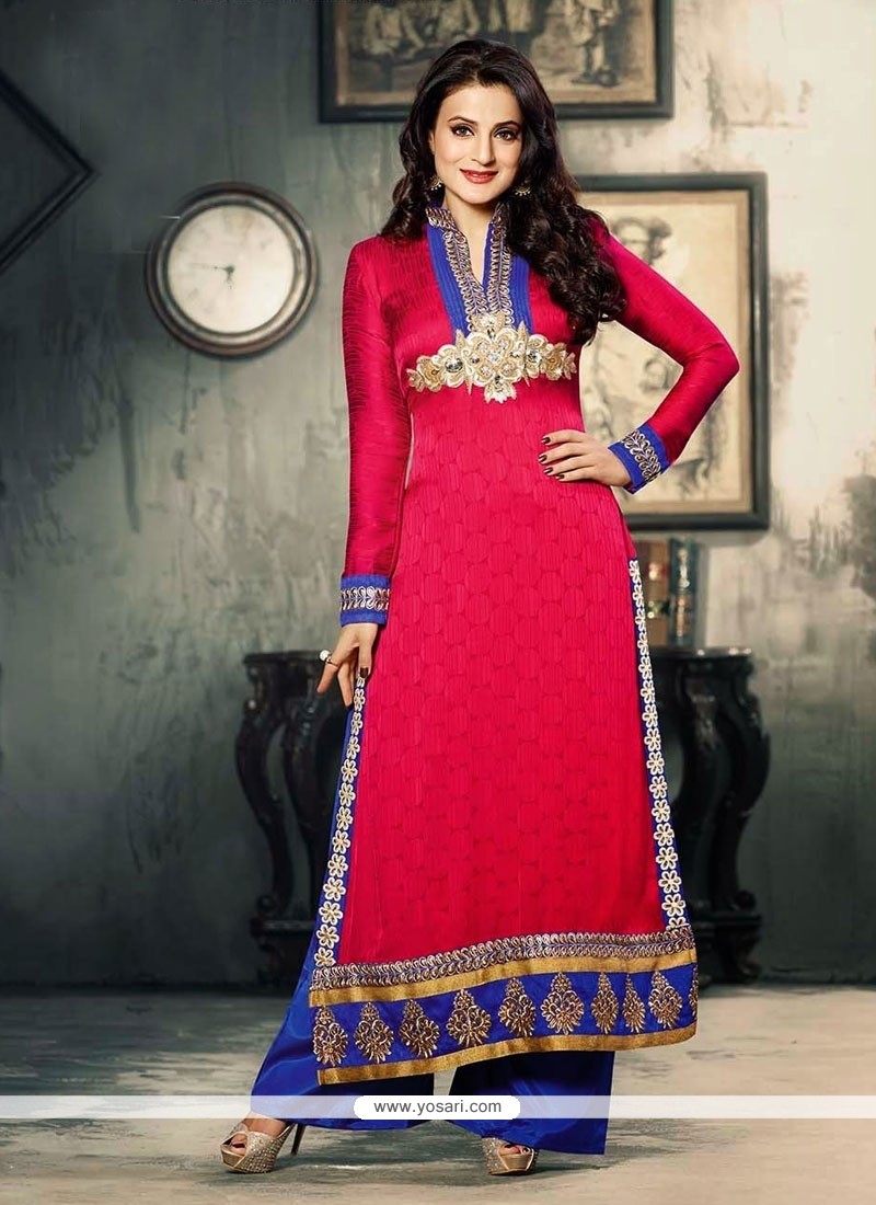Ameesha Patel Styles Hot Pink Jacquard Pakistani Salwar Kameez