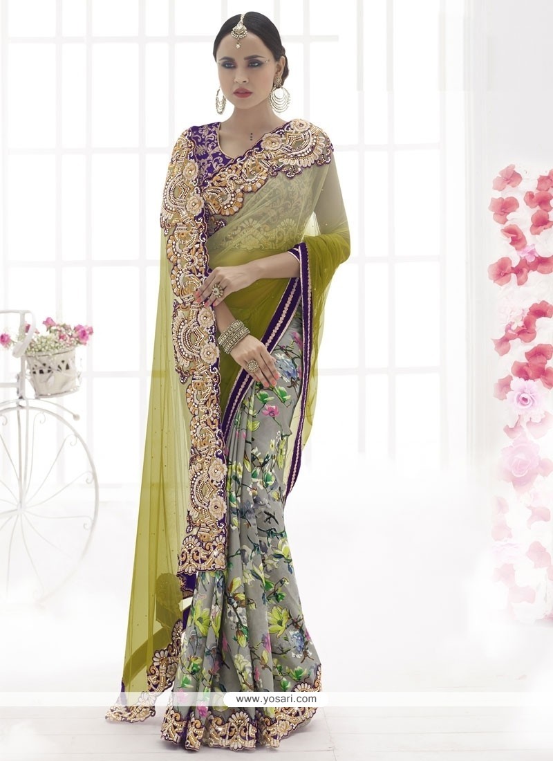 Desirable Embroidered Work Green Designer Saree