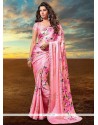 Classy Satin Pink Print Work Designer Saree