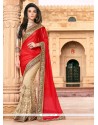 Princely Patch Border Work Red And Beige Designer Saree