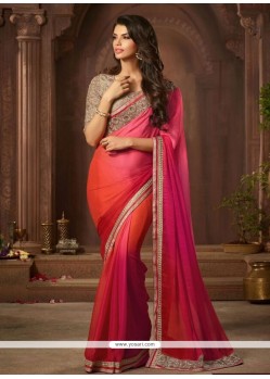 Versatile Hot Pink And Orange Faux Chiffon Designer Saree