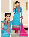 Splendid Turquoise Resham Work Jute Silk Designer Straight Salwar Kameez