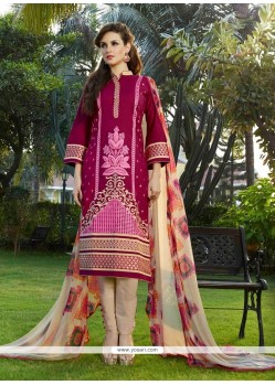 Ethnic Resham Work Cotton Satin Magenta Churidar Designer Suit