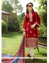 Stupendous Red Cotton Satin Churidar Designer Suit