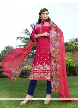 Immaculate Hot Pink Embroidered Work Cotton Satin Churidar Designer Suit