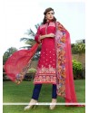 Immaculate Hot Pink Embroidered Work Cotton Satin Churidar Designer Suit