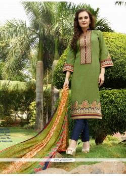 Congenial Embroidered Work Green Cotton Satin Churidar Designer Suit