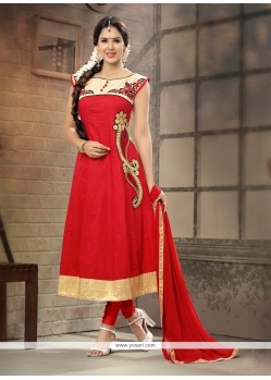 Lustrous Cotton Red Embroidered Work Anarkali Suit