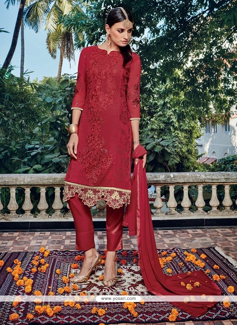 Auspicious Maroon Embroidered Work Pant Style Suit