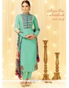 Renowned Embroidered Work Sea Green Cotton Satin Designer Straight Salwar Suit