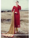 Beckoning Lace Work Silk Red Designer Straight Salwar Suit