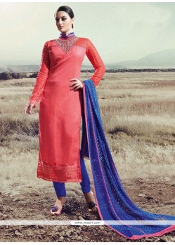 Engrossing Lace Work Silk Hot Pink Designer Straight Salwar Kameez