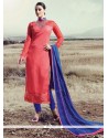 Engrossing Lace Work Silk Hot Pink Designer Straight Salwar Kameez