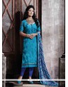 Conspicuous Chanderi Blue Print Work Designer Straight Salwar Suit
