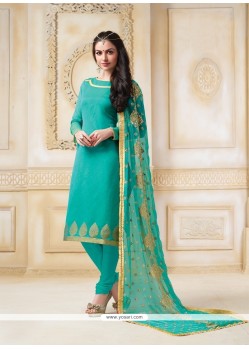Excellent Lace Work Sea Green Banarasi Silk Churidar Salwar Suit