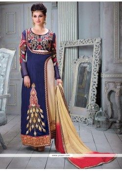 Desirable Resham Work Blue Silk Designer Straight Salwar Kameez