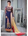 Desirable Resham Work Blue Silk Designer Straight Salwar Kameez