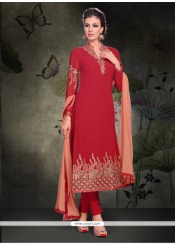 Princely Lace Work Red Georgette Churidar Salwar Kameez