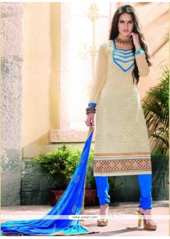 Fantastic Lace Work Cream Chanderi Churidar Designer Suit