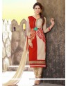 Divine Resham Work Chanderi Cream And Red Churidar Designer Suit